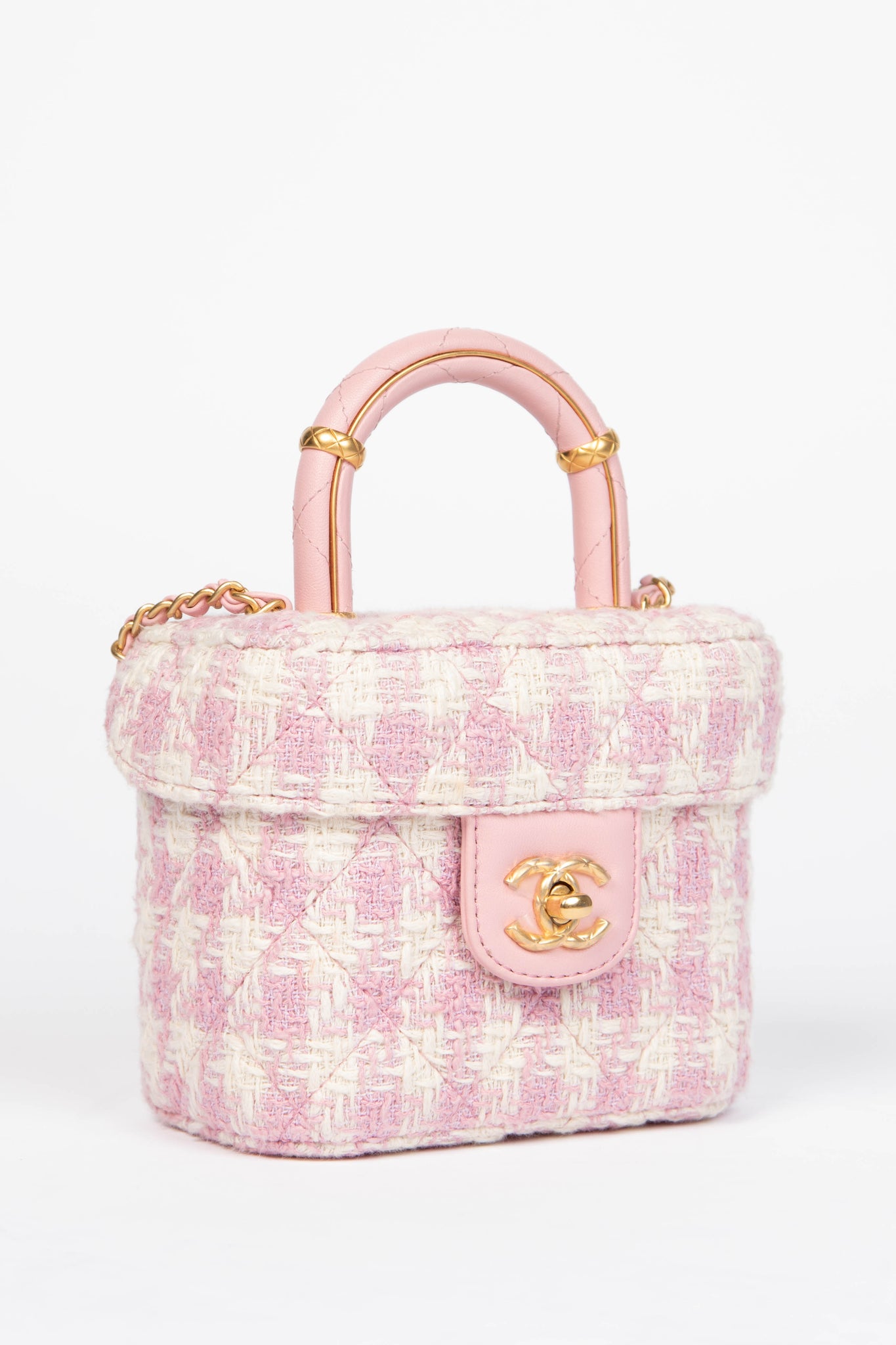 2023 Chanel Pink Houndstooth Tweed Mini Vanity Bag