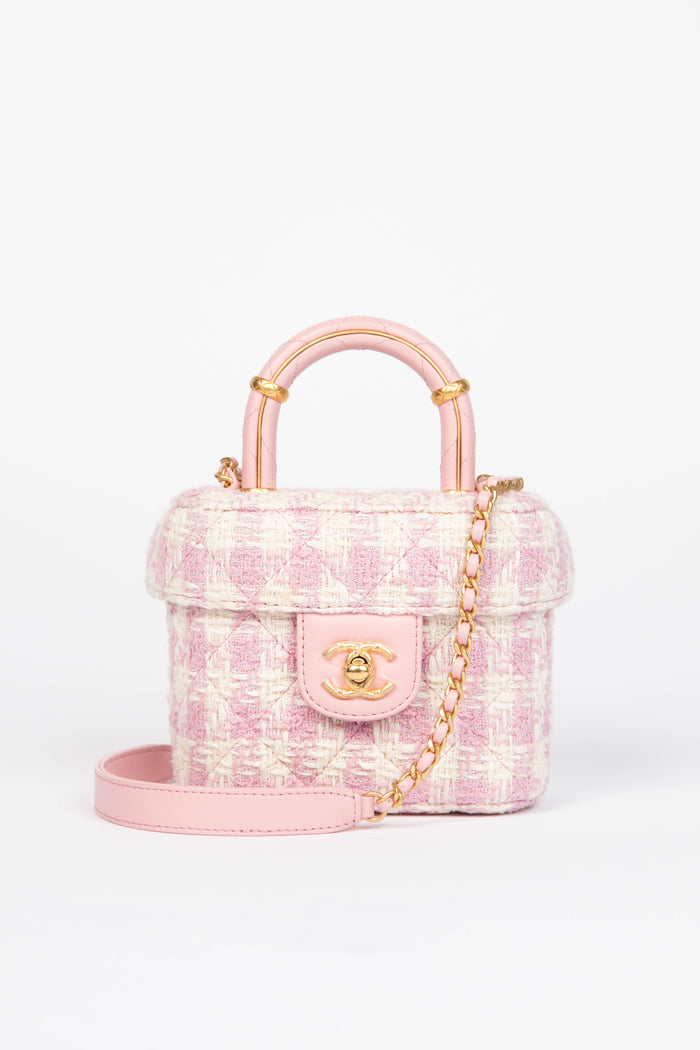 2023 Chanel Pink Houndstooth Tweed Mini Vanity Bag