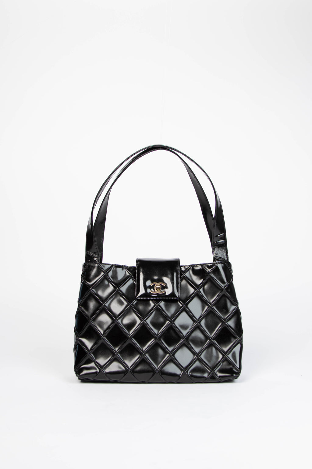 Vintage Chanel Black Patent Leather Quilted Shoulder Bag