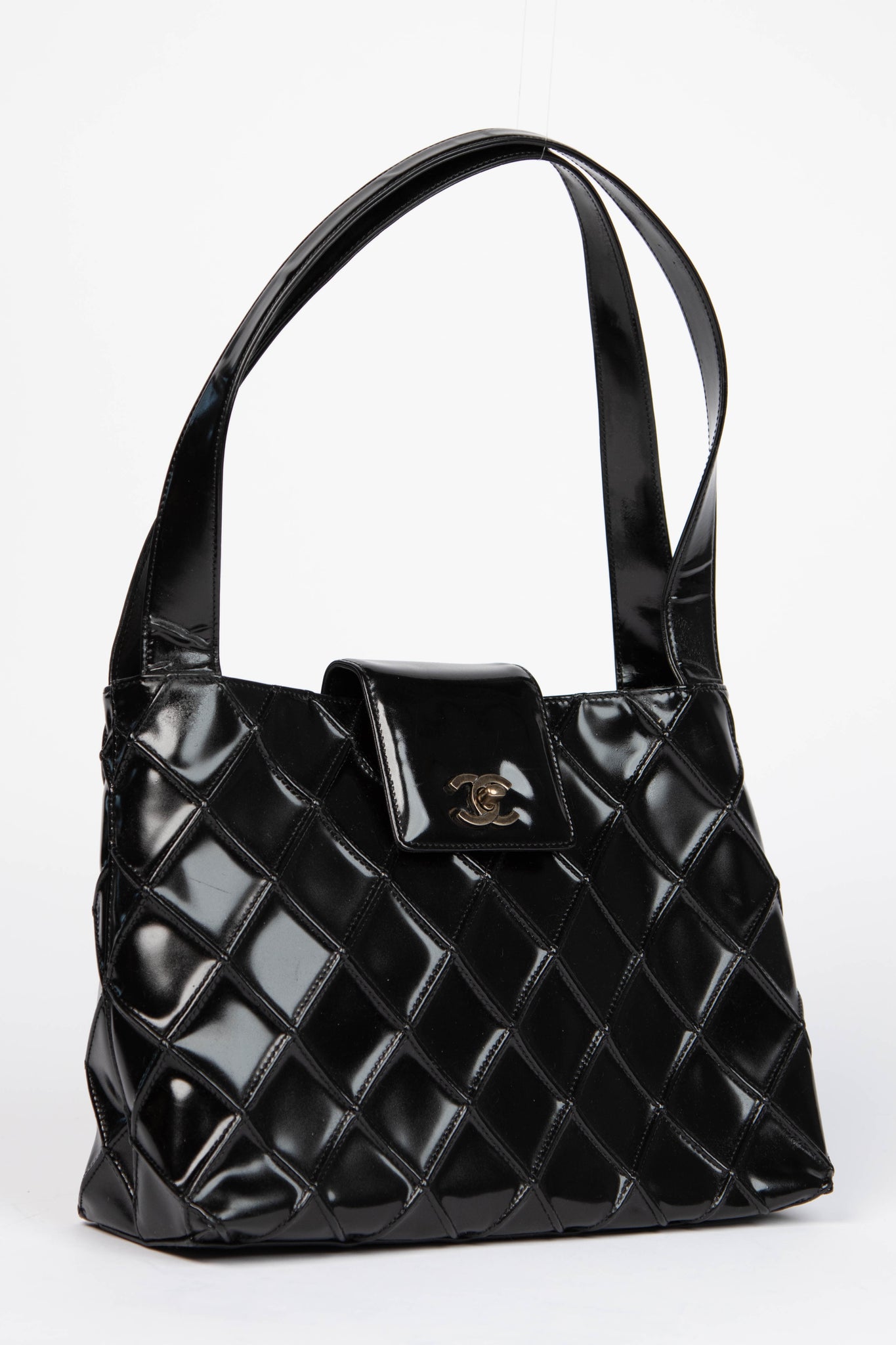 Vintage Chanel Black Patent Leather Quilted Shoulder Bag