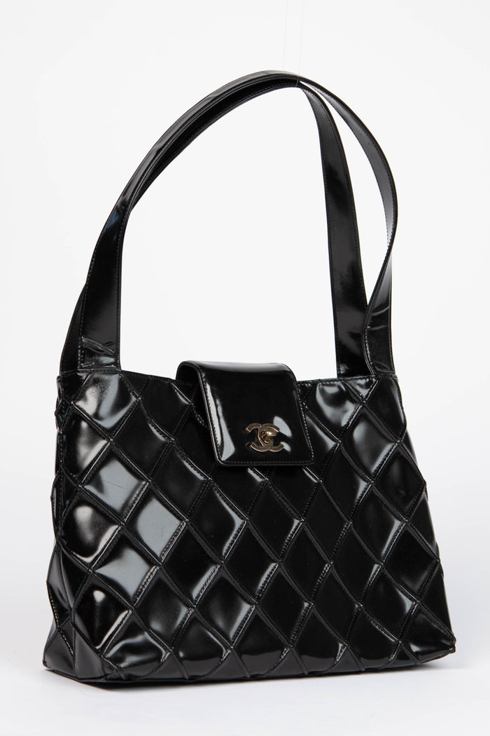 Vintage Chanel Black Patent Leather Quilted Shoulder Bag