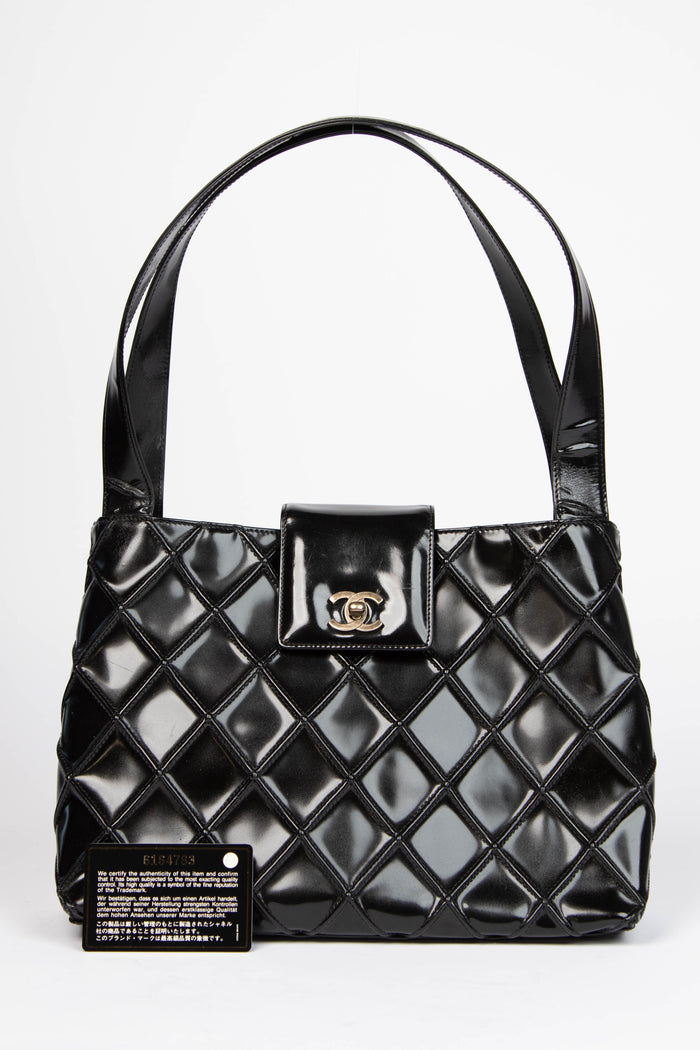 Vintage Chanel Black Patent Leather Quilted Shoulder Bag