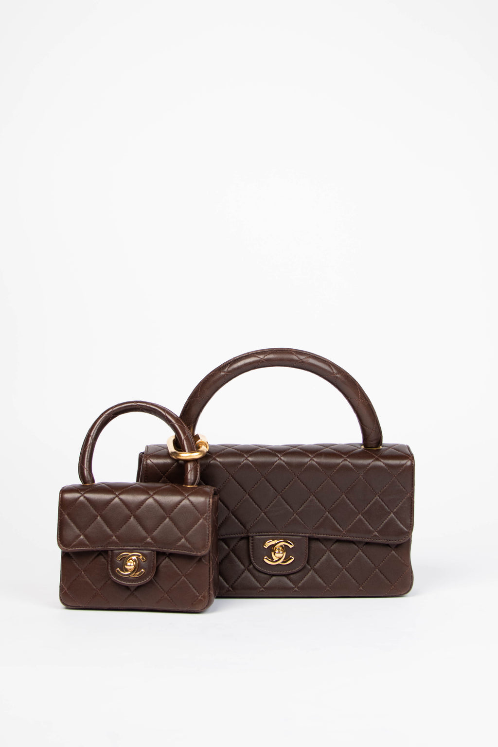 RARE 90s Chanel Brown Lambskin Leather Parent-Child Set
