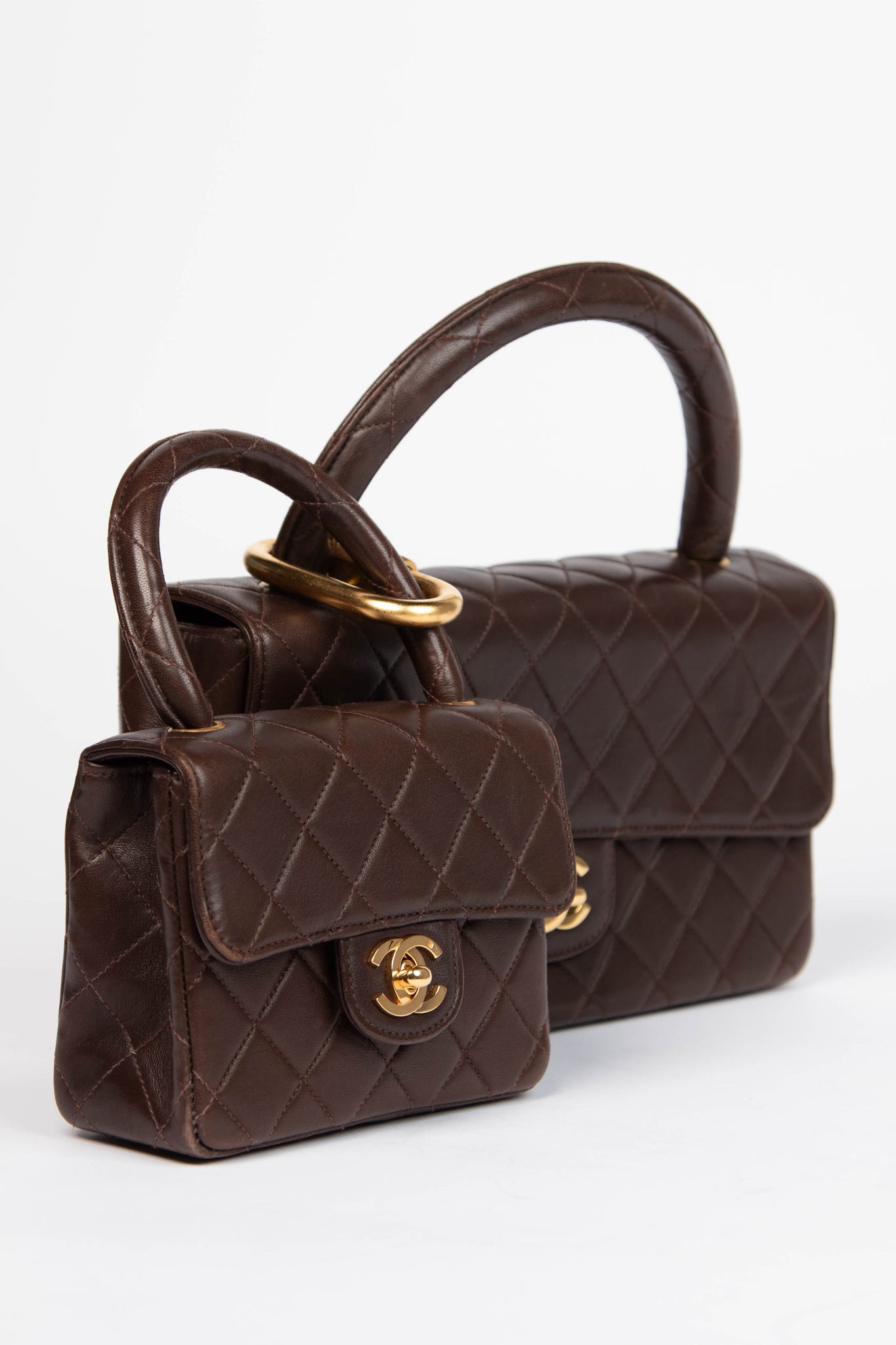 RARE 90s Chanel Brown Lambskin Leather Parent-Child Set