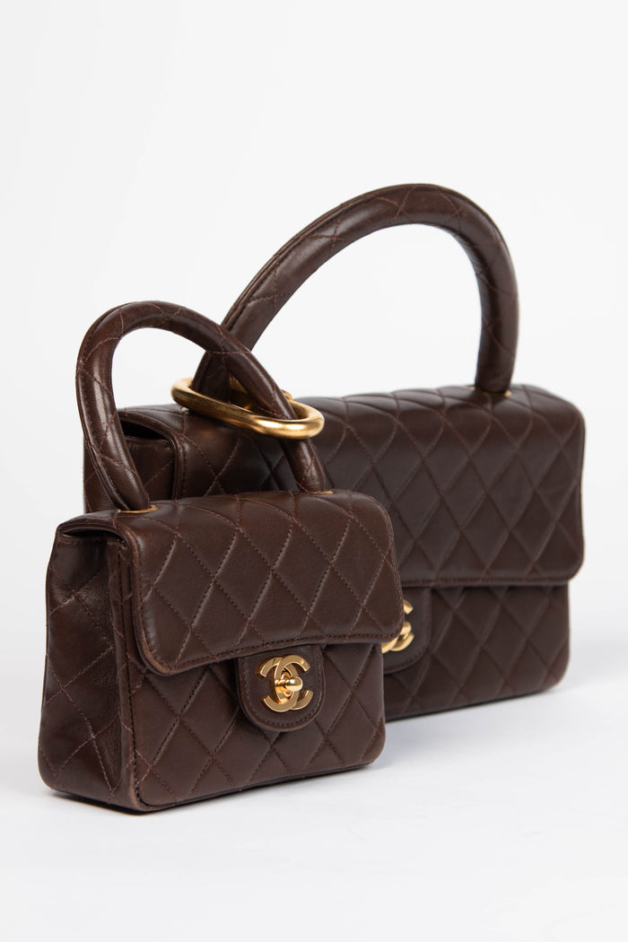 RARE 90s Chanel Brown Lambskin Leather Parent-Child Set