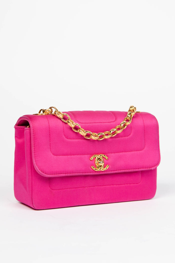 RARE 90s Chanel Pink Silk Mini Single Flap Shoulder Bag