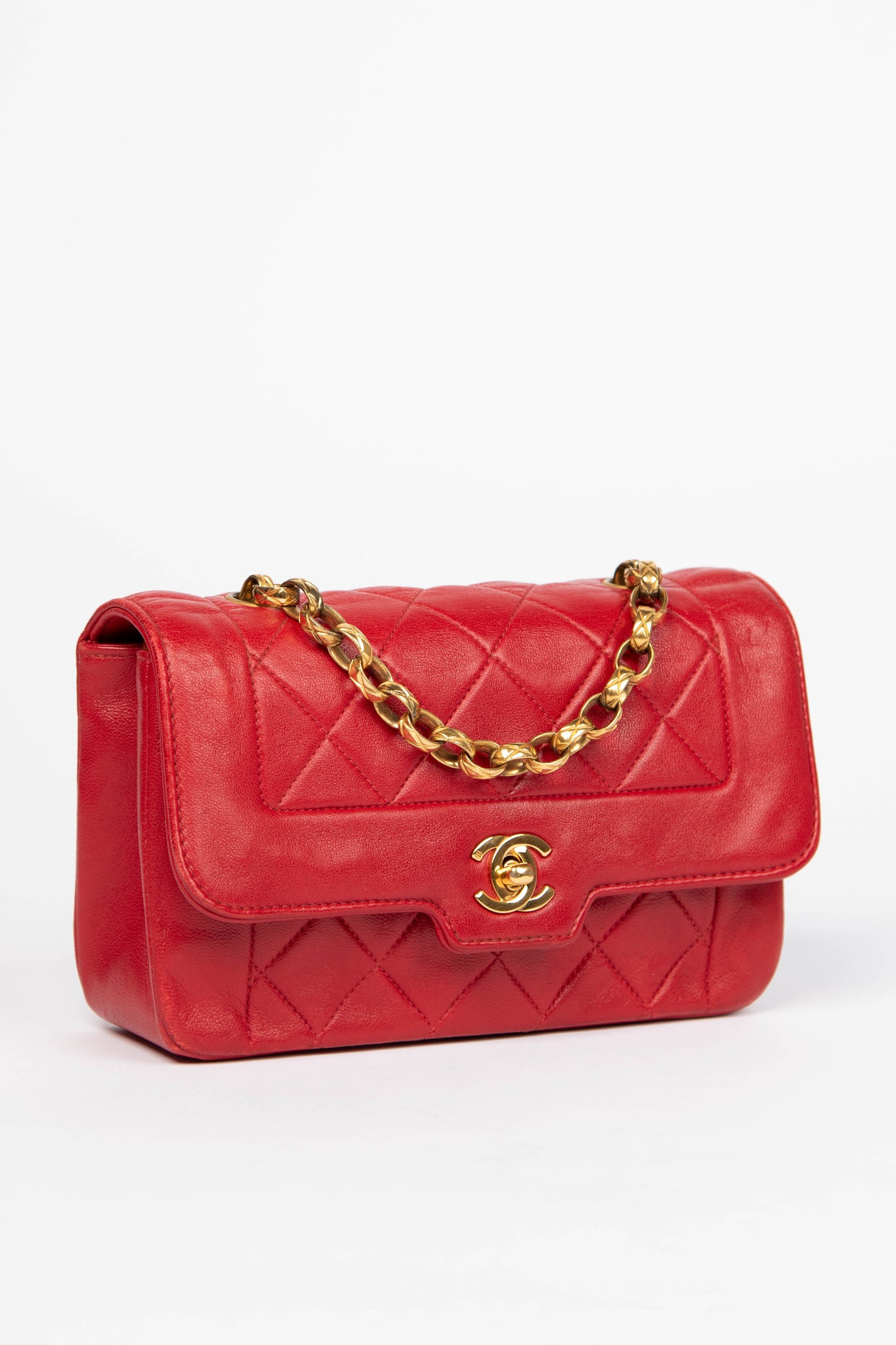 80s Chanel Red Lambskin Leather Mini Diana Flap Shoulder Bag