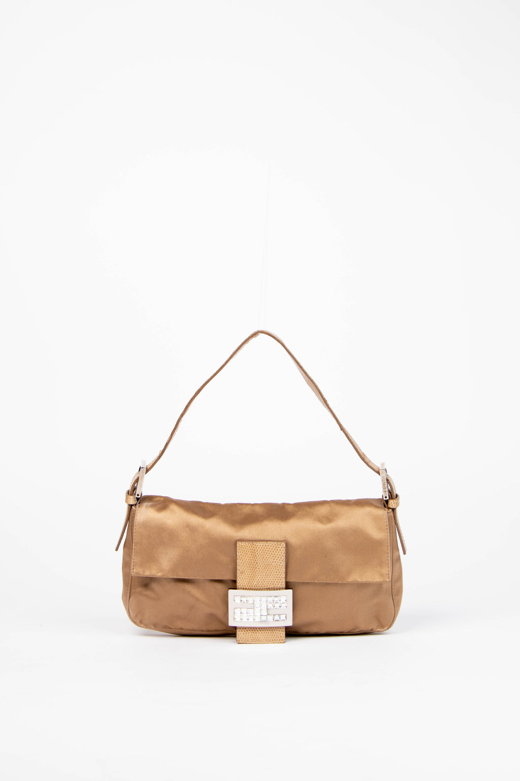 Vintage Fendi Beige Satin & Crystal Baguette Shoulder Bag