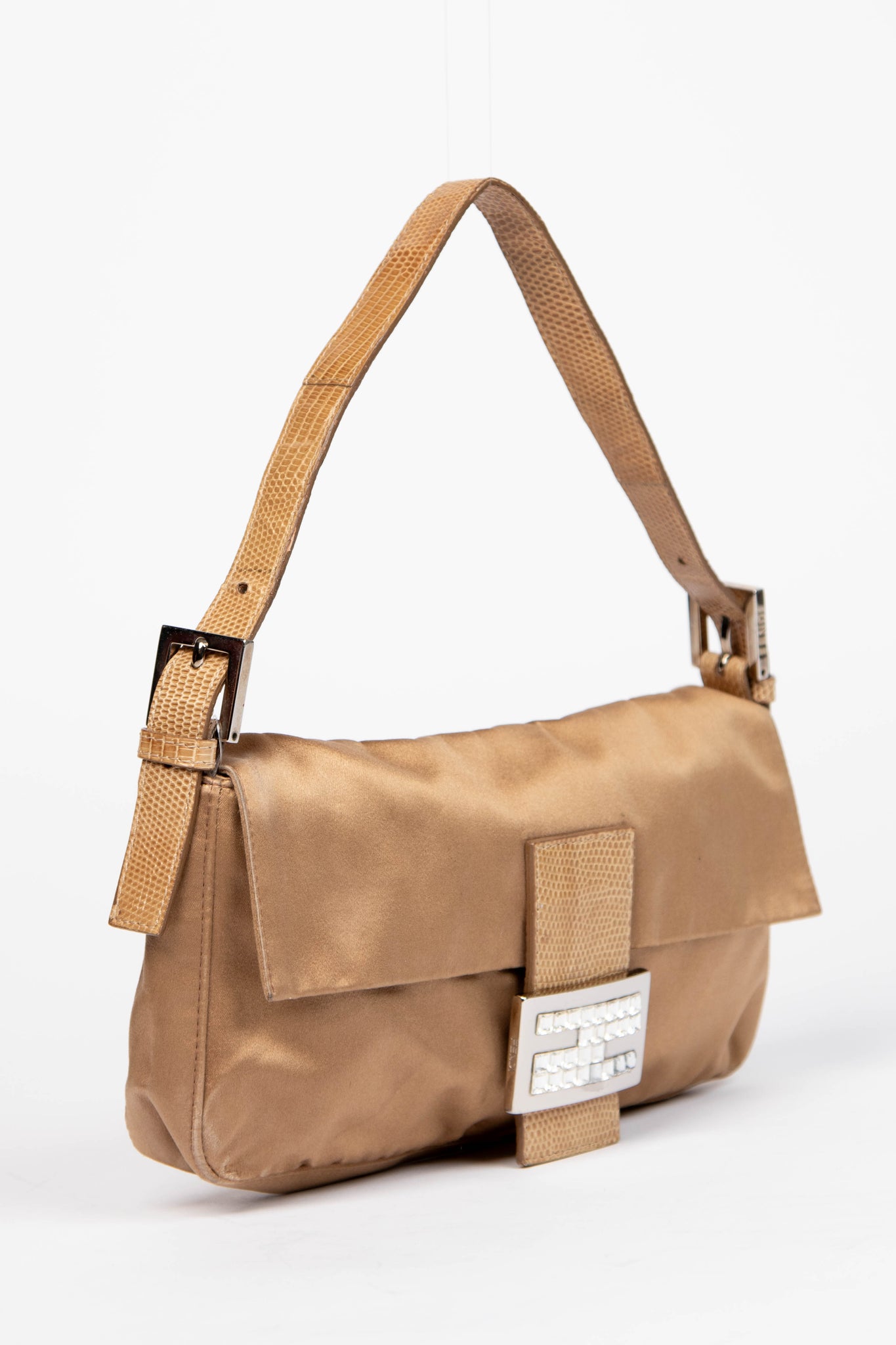 Vintage Fendi Beige Satin & Crystal Baguette Shoulder Bag