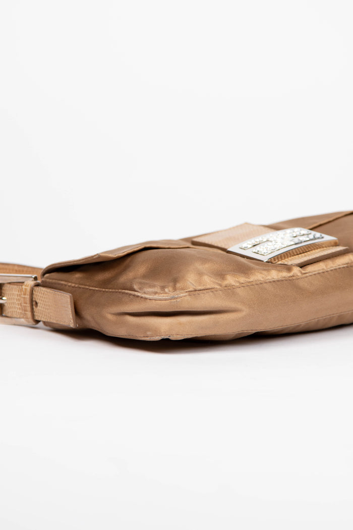 Vintage Fendi Beige Satin & Crystal Baguette Shoulder Bag