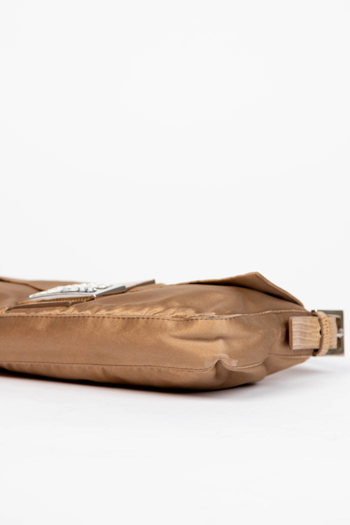 Vintage Fendi Beige Satin & Crystal Baguette Shoulder Bag