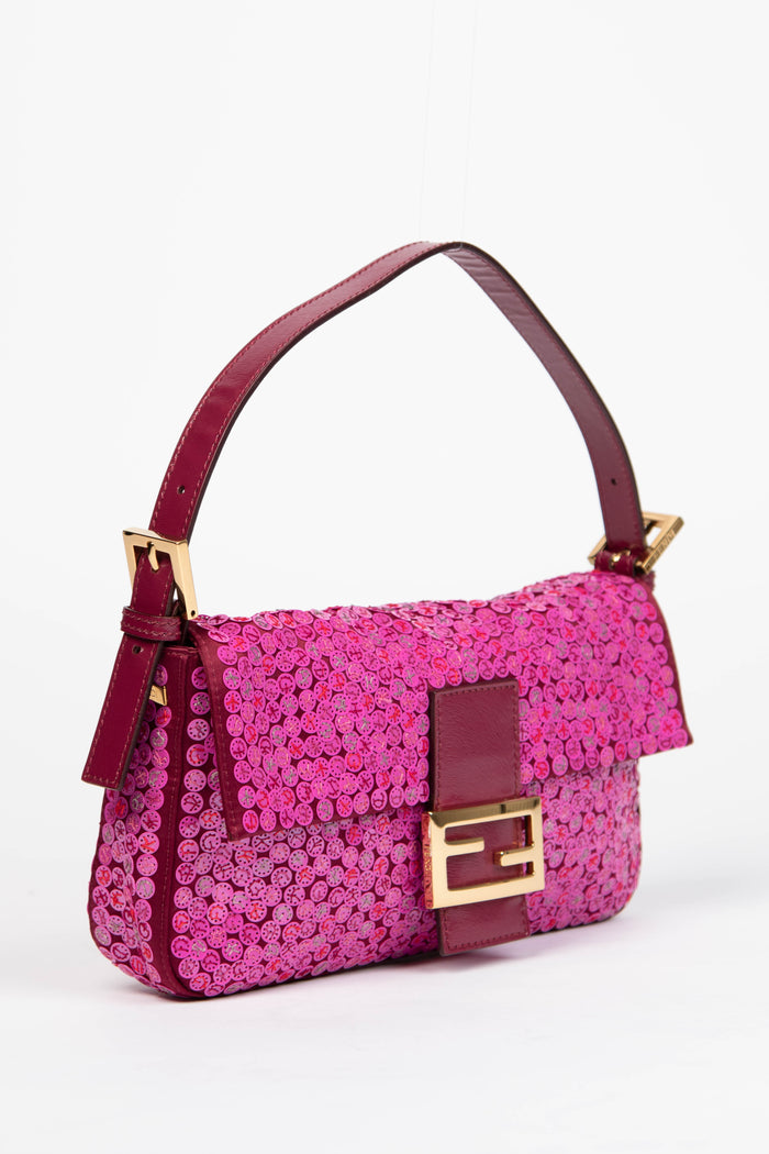 SUPER RARE 2000s Fendi Pink Sequin & Satin Baguette Shoulder Bag