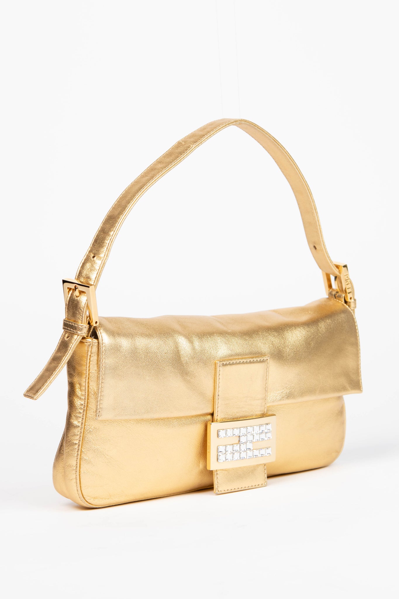 RARE Fendi Gold Lambskin and Crystal Baguette Shoulder Bag