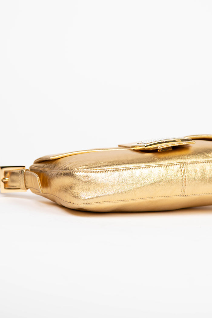 RARE Fendi Gold Lambskin and Crystal Baguette Shoulder Bag