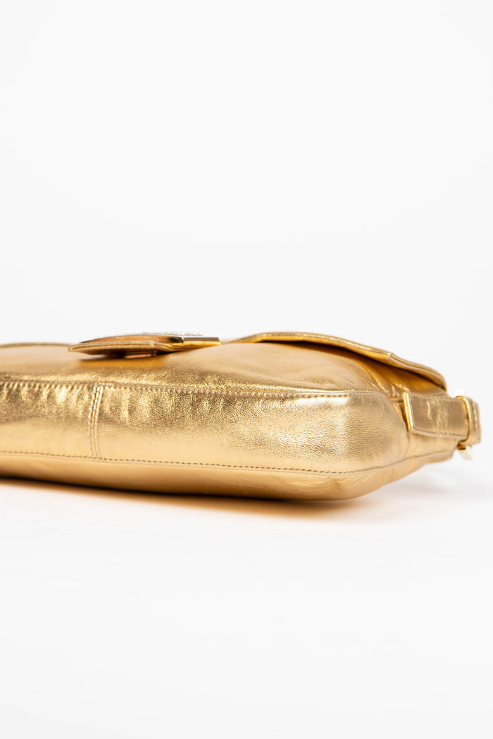 RARE Fendi Gold Lambskin and Crystal Baguette Shoulder Bag