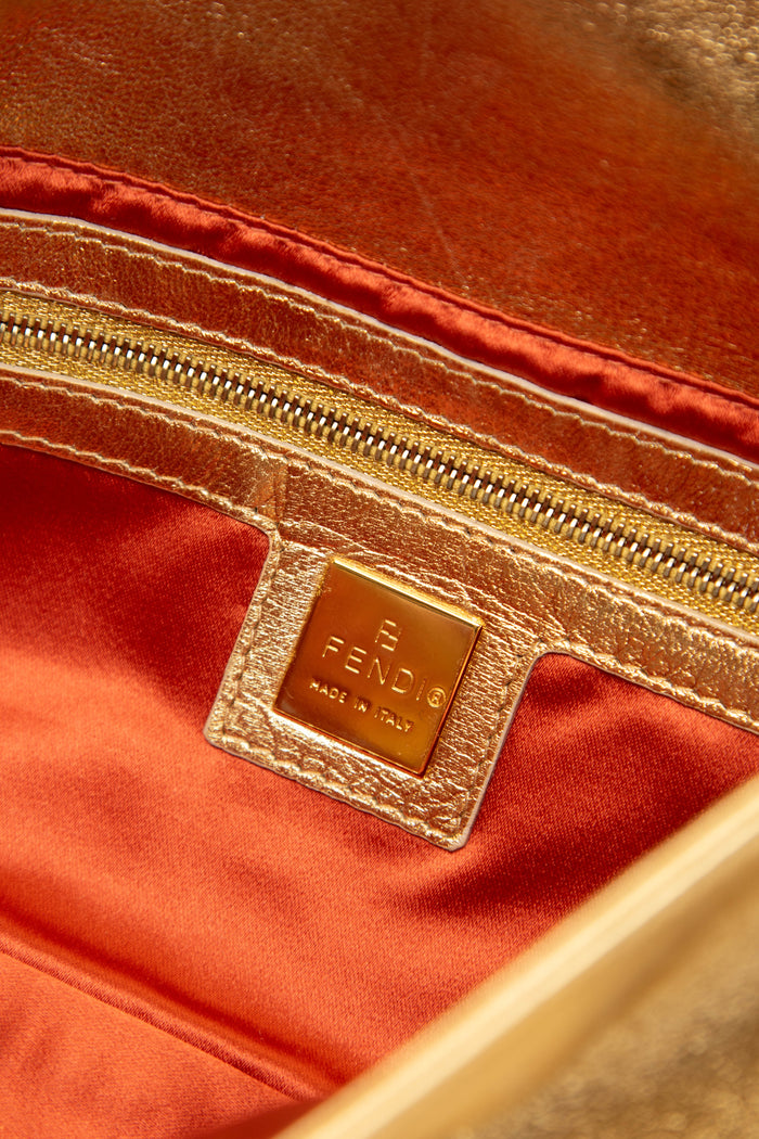 RARE Fendi Gold Lambskin and Crystal Baguette Shoulder Bag