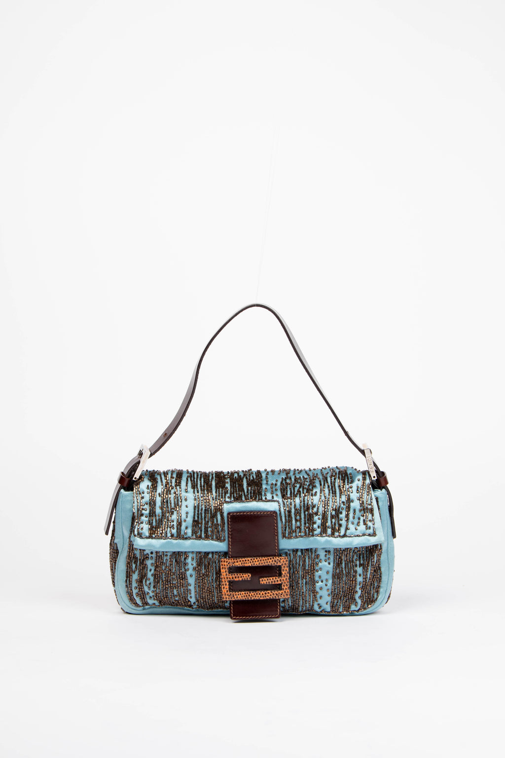 RARE Fendi Blue Satin Beaded Baguette Shoulder Bag