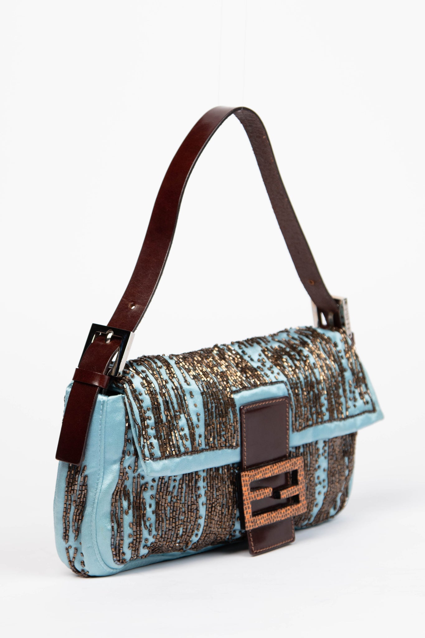 RARE Fendi Blue Satin Beaded Baguette Shoulder Bag