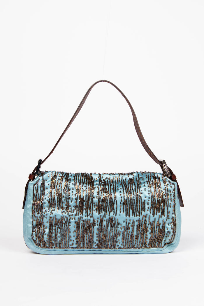 RARE Fendi Blue Satin Beaded Baguette Shoulder Bag