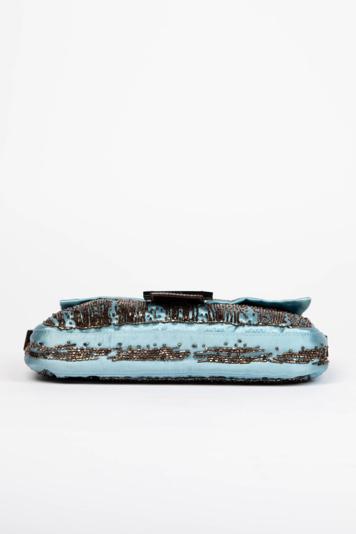 RARE Fendi Blue Satin Beaded Baguette Shoulder Bag