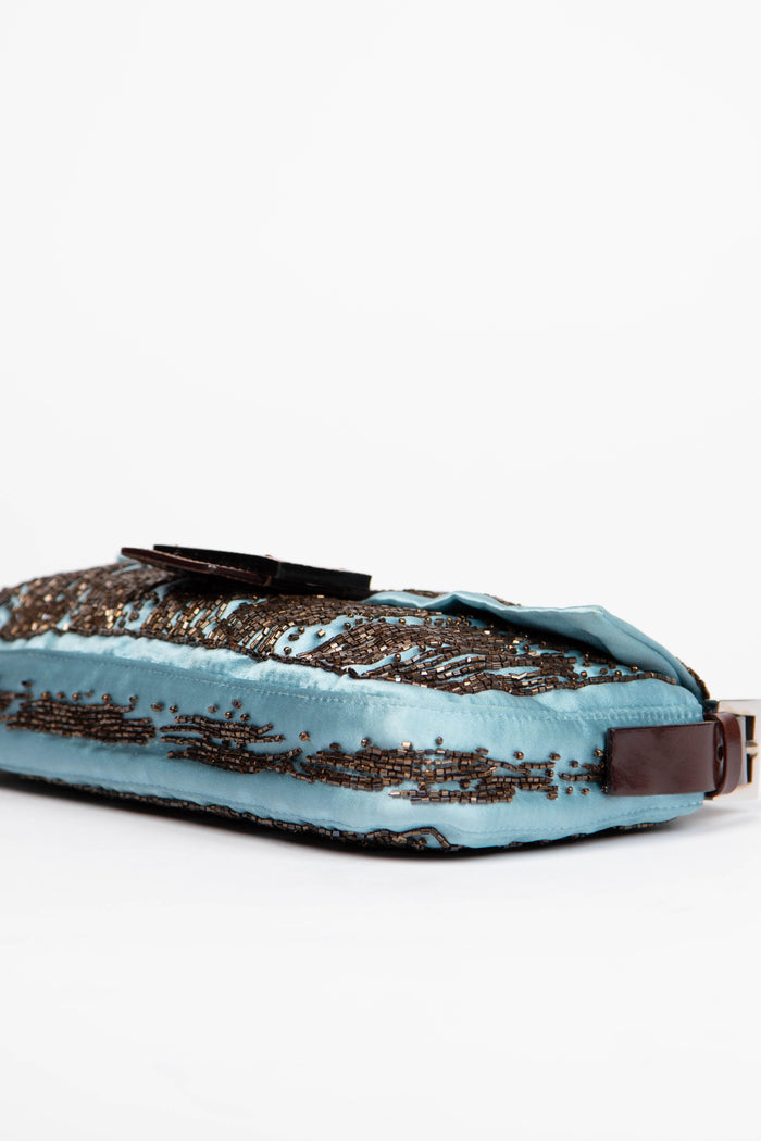 RARE Fendi Blue Satin Beaded Baguette Shoulder Bag