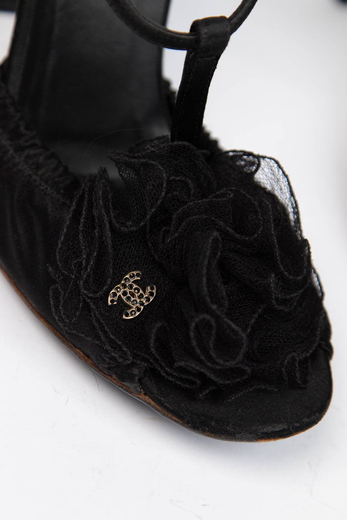 Vintage Chanel Black Silk Camellia Heels (EU 36)