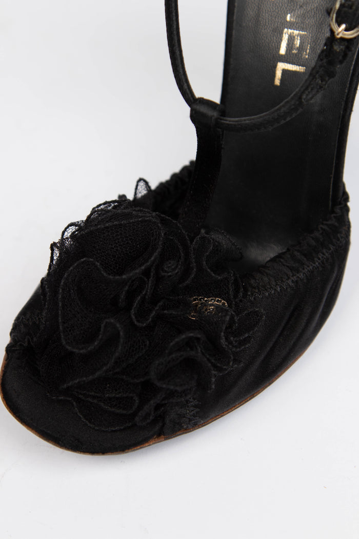 Vintage Chanel Black Silk Camellia Heels (EU 36)