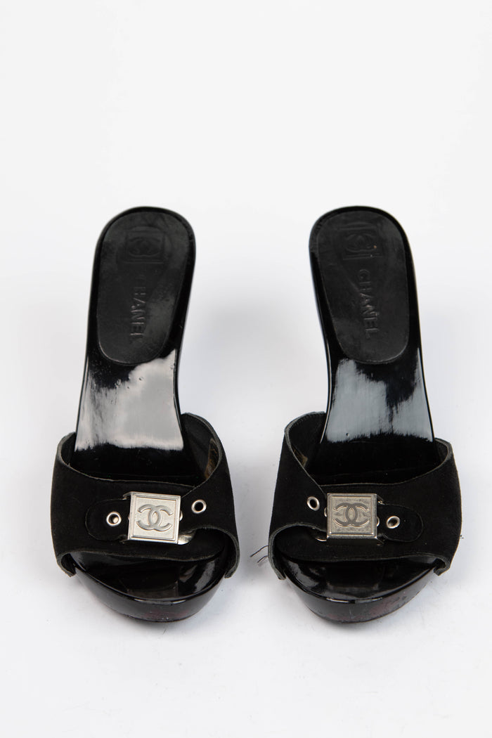 2000s Chanel Black Suede Buckle Wooden Mules (EU 37)