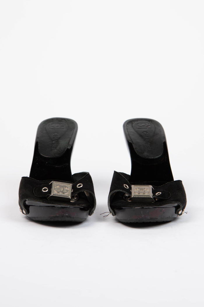 2000s Chanel Black Suede Buckle Wooden Mules (EU 37)