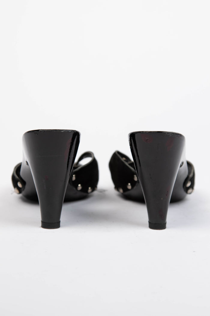2000s Chanel Black Suede Buckle Wooden Mules (EU 37)