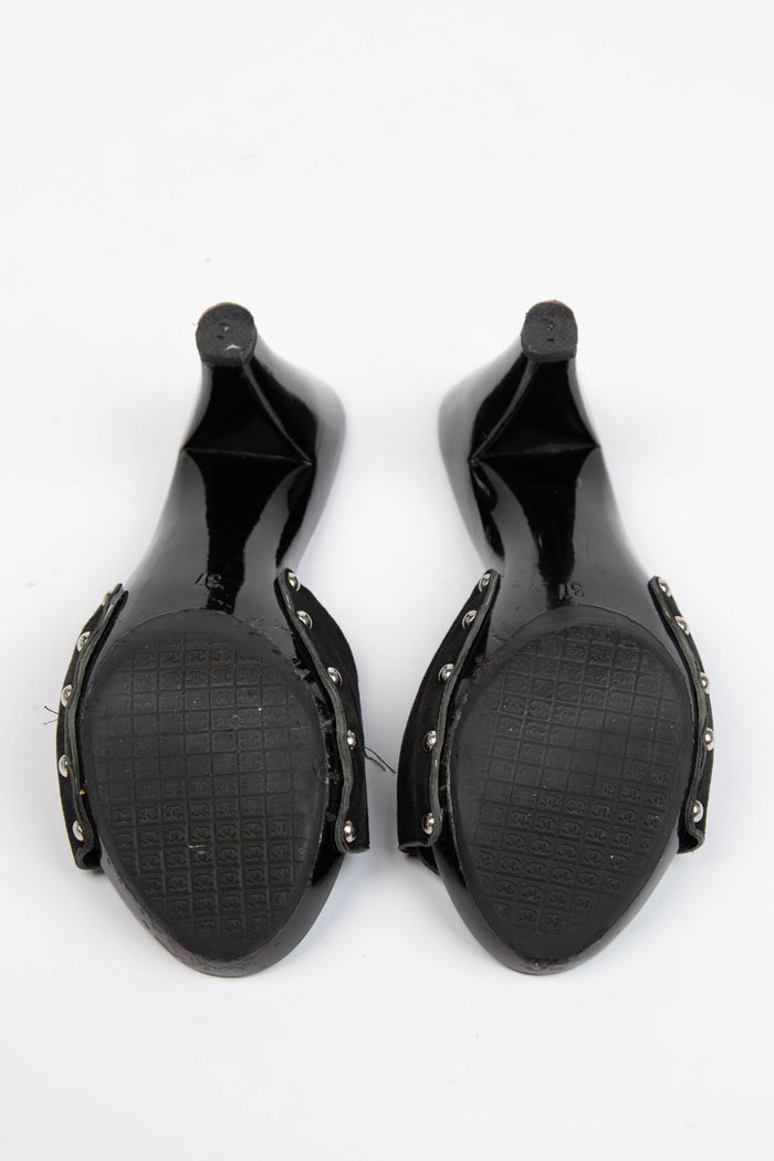 2000s Chanel Black Suede Buckle Wooden Mules (EU 37)