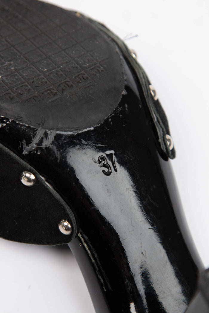 2000s Chanel Black Suede Buckle Wooden Mules (EU 37)