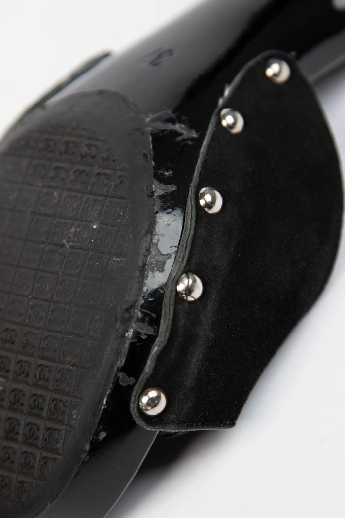 2000s Chanel Black Suede Buckle Wooden Mules (EU 37)