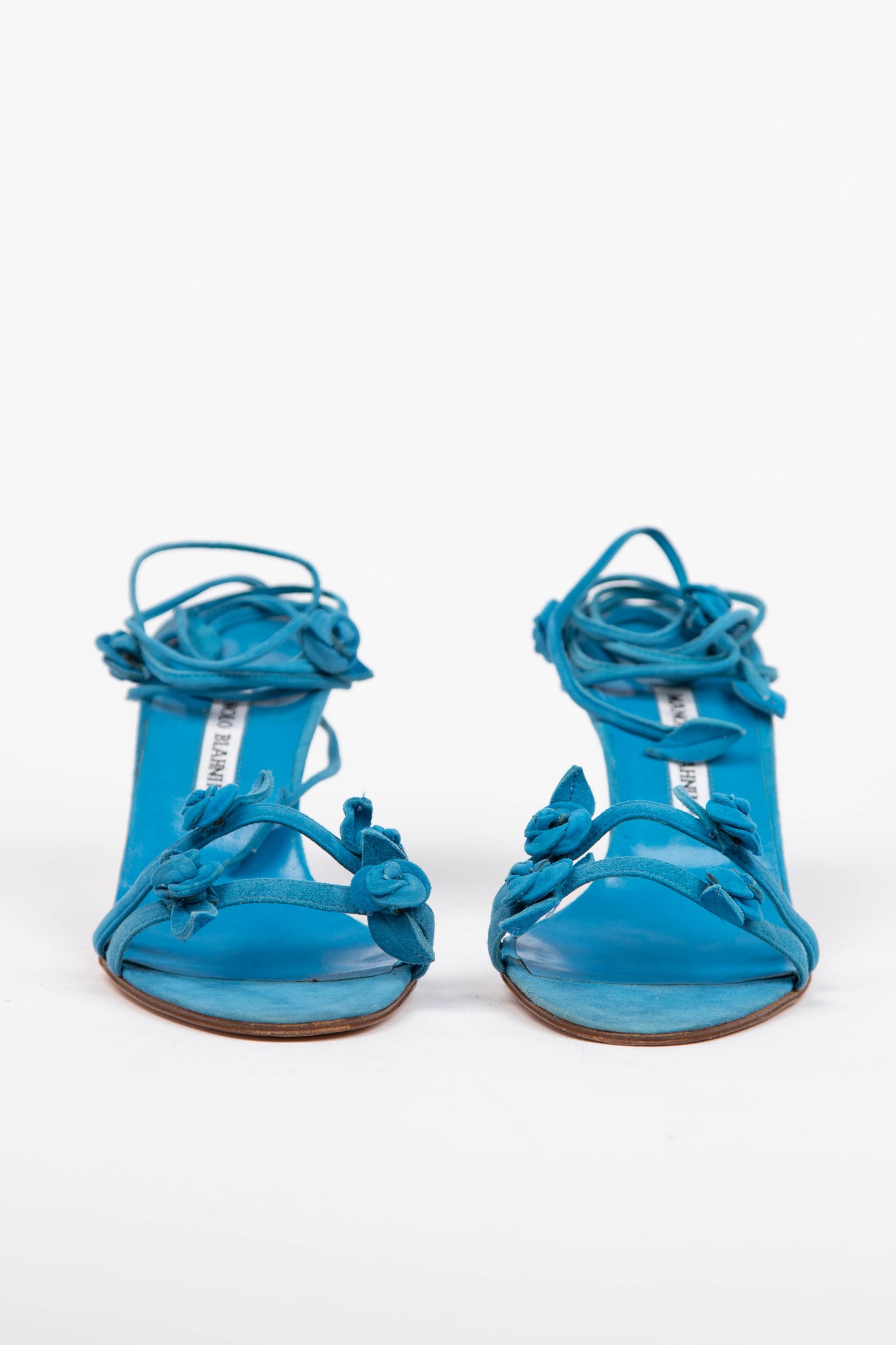 Vintage Manolo Blahnik Blue Suede Wrap Around Floral Heels (EU 41.5)