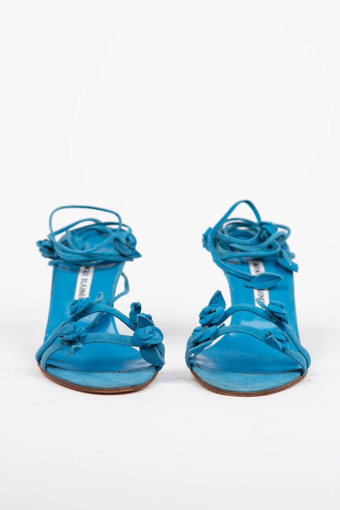 Vintage Manolo Blahnik Blue Suede Wrap Around Floral Heels (EU 41.5)