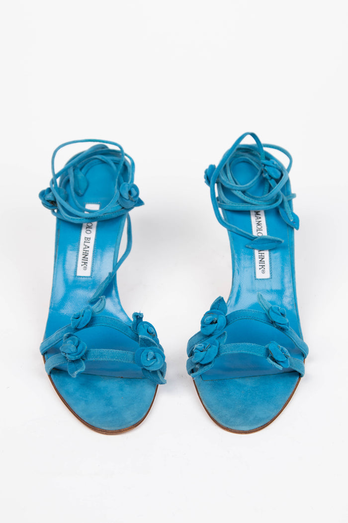 Vintage Manolo Blahnik Blue Suede Wrap Around Floral Heels (EU 41.5)