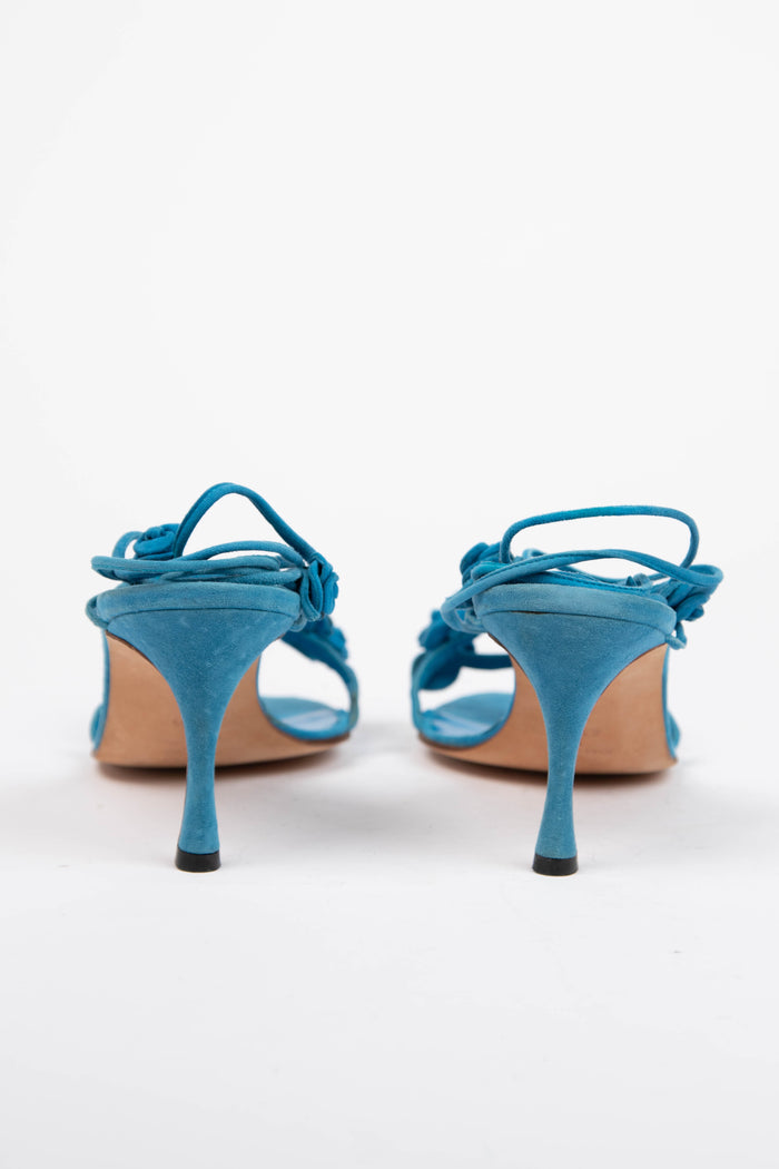 Vintage Manolo Blahnik Blue Suede Wrap Around Floral Heels (EU 41.5)
