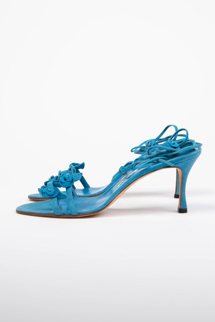 Vintage Manolo Blahnik Blue Suede Wrap Around Floral Heels (EU 41.5)