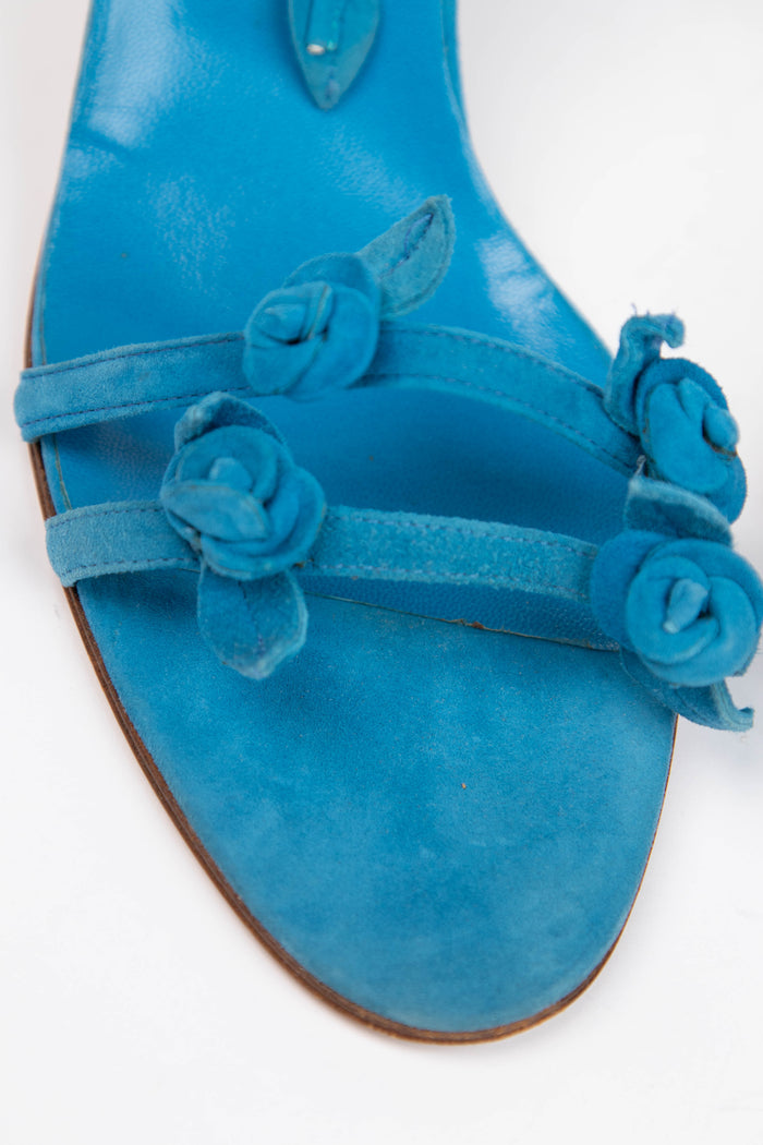 Vintage Manolo Blahnik Blue Suede Wrap Around Floral Heels (EU 41.5)