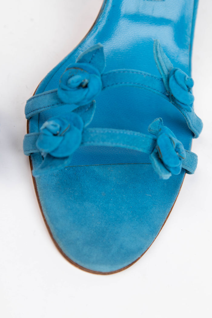 Vintage Manolo Blahnik Blue Suede Wrap Around Floral Heels (EU 41.5)
