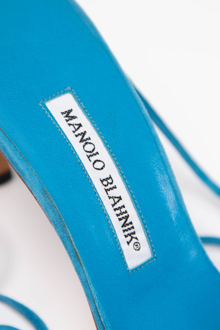 Vintage Manolo Blahnik Blue Suede Wrap Around Floral Heels (EU 41.5)