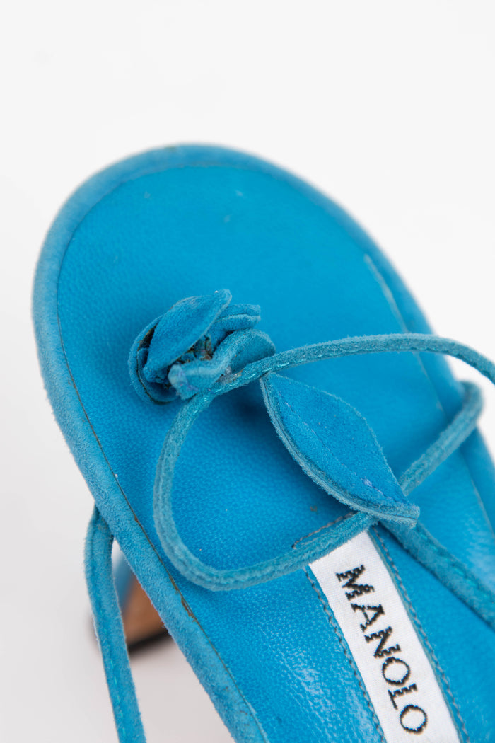 Vintage Manolo Blahnik Blue Suede Wrap Around Floral Heels (EU 41.5)