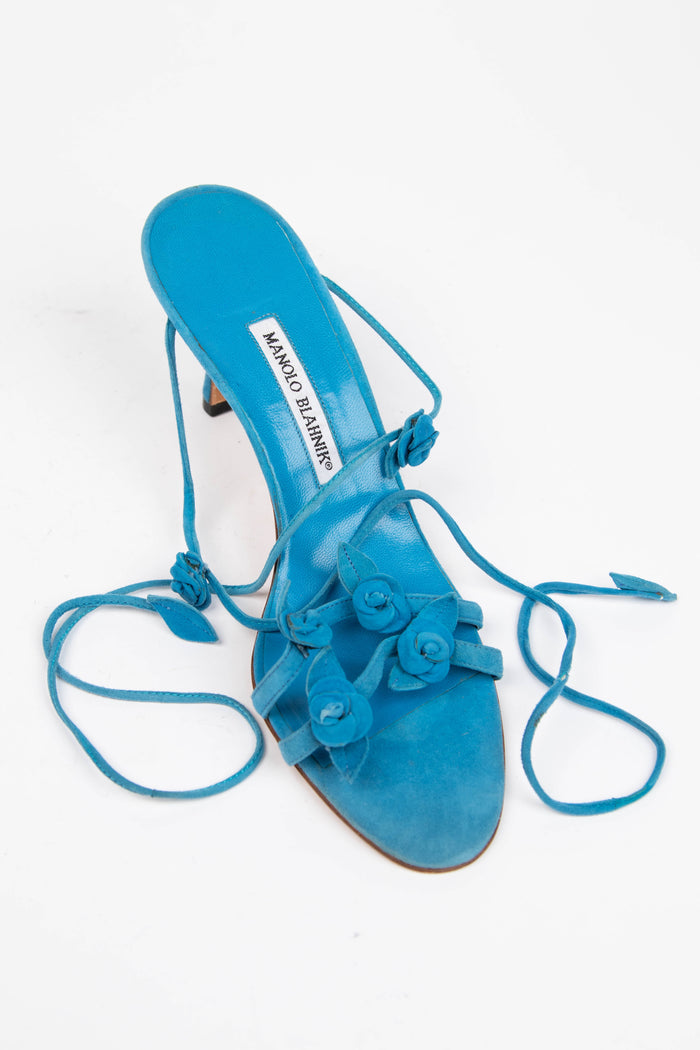Vintage Manolo Blahnik Blue Suede Wrap Around Floral Heels (EU 41.5)