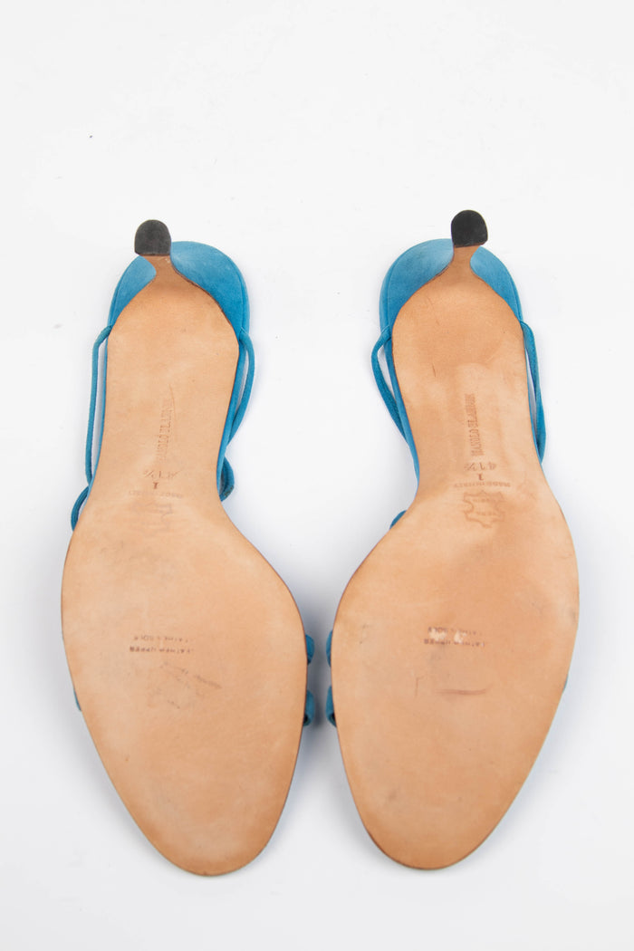 Vintage Manolo Blahnik Blue Suede Wrap Around Floral Heels (EU 41.5)