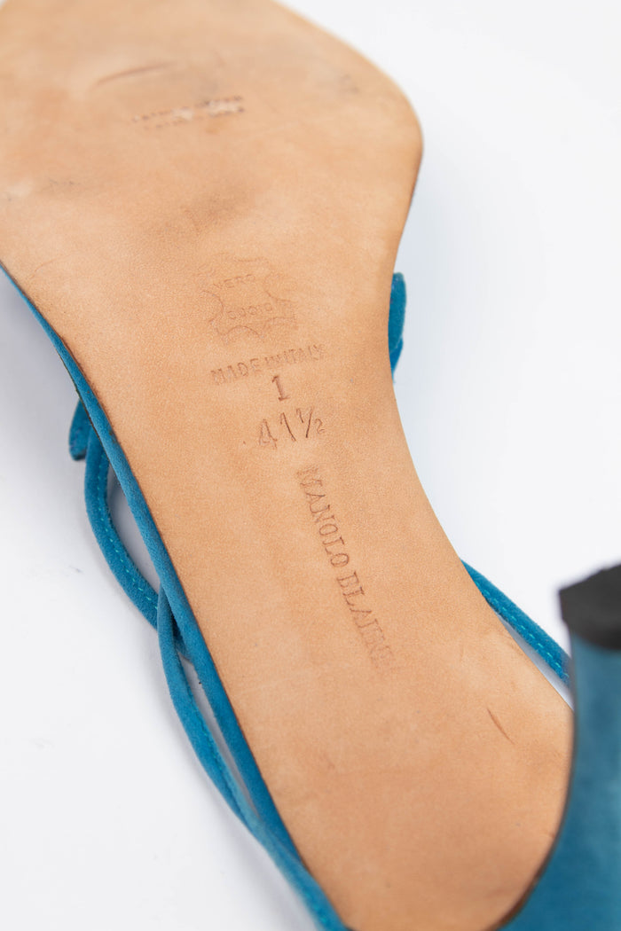 Vintage Manolo Blahnik Blue Suede Wrap Around Floral Heels (EU 41.5)