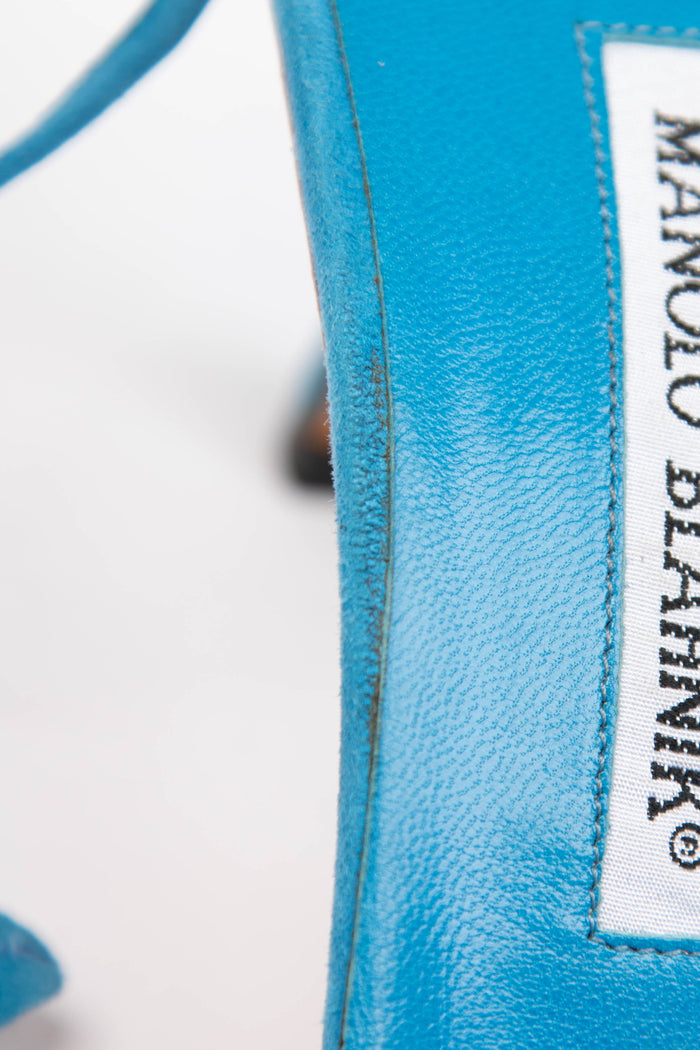 Vintage Manolo Blahnik Blue Suede Wrap Around Floral Heels (EU 41.5)