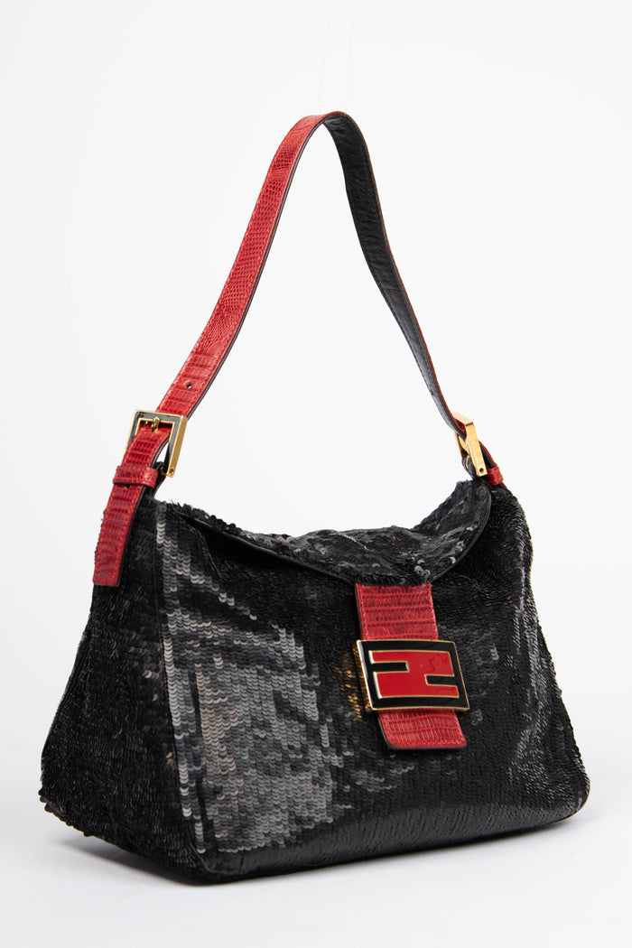 RARE Vintage Fendi Black Sequin Mamma Baguette Shoulder Bag