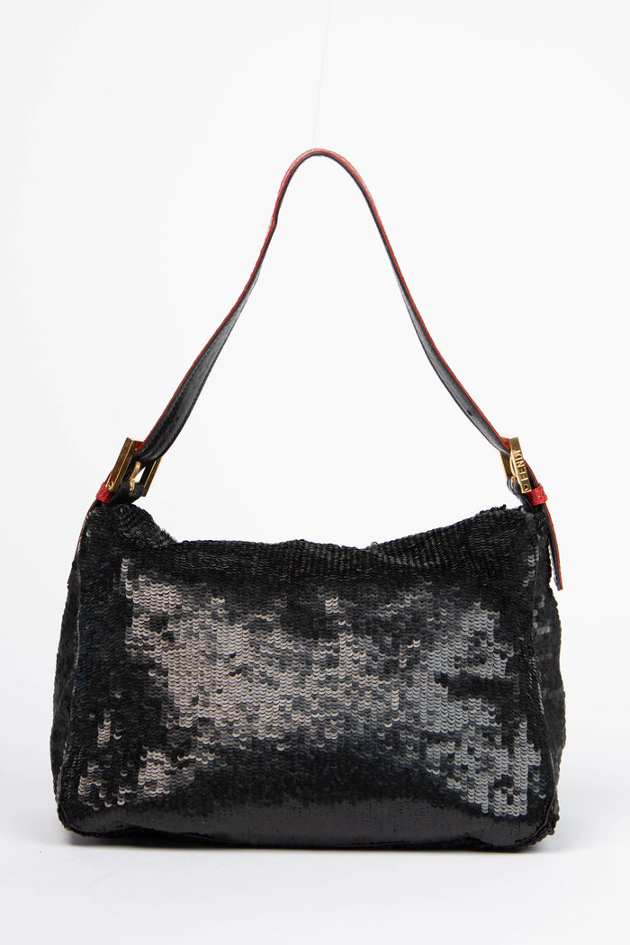 RARE Vintage Fendi Black Sequin Mamma Baguette Shoulder Bag