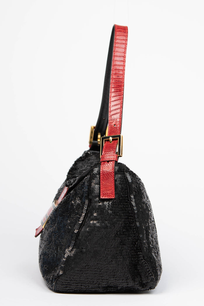 RARE Vintage Fendi Black Sequin Mamma Baguette Shoulder Bag