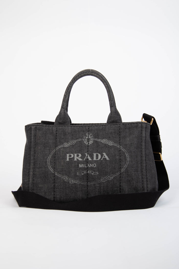 2010s Prada Black Denim Canapa Tote Bag